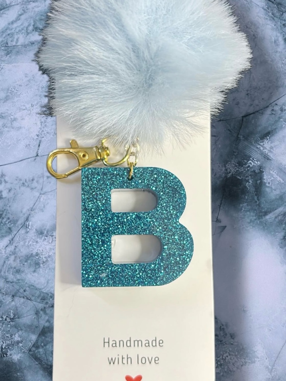 Handmade Blue Glitter 'B' Keychain with Light Blue Pom Pom